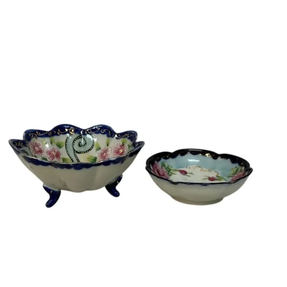 2 Trinket Dishes Blue Floral (1 Dish Footed) Japan
